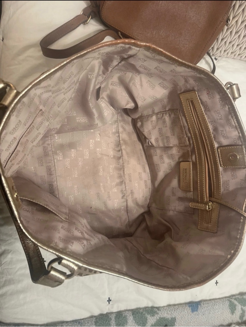 Michael Kors MK Logo Tote in Beige with Gold Trim - Picture 4 of 5